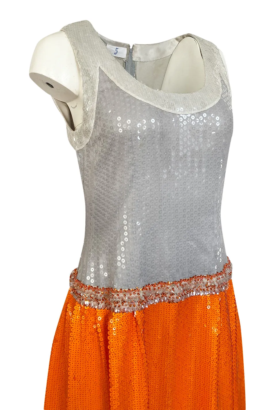 Early 1980s Andre Laug Alta Moda Numbered Couture Grey & Orange Sequin Dress