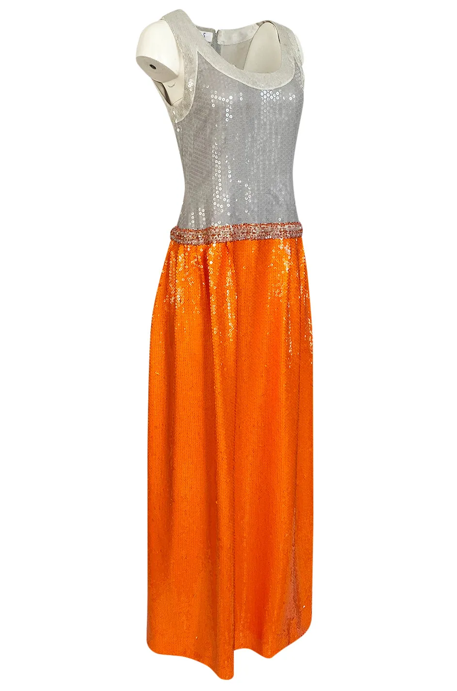 Early 1980s Andre Laug Alta Moda Numbered Couture Grey & Orange Sequin Dress