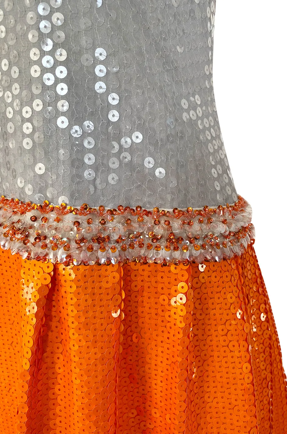 Early 1980s Andre Laug Alta Moda Numbered Couture Grey & Orange Sequin Dress