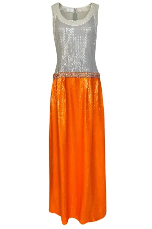 Early 1980s Andre Laug Alta Moda Numbered Couture Grey & Orange Sequin Dress