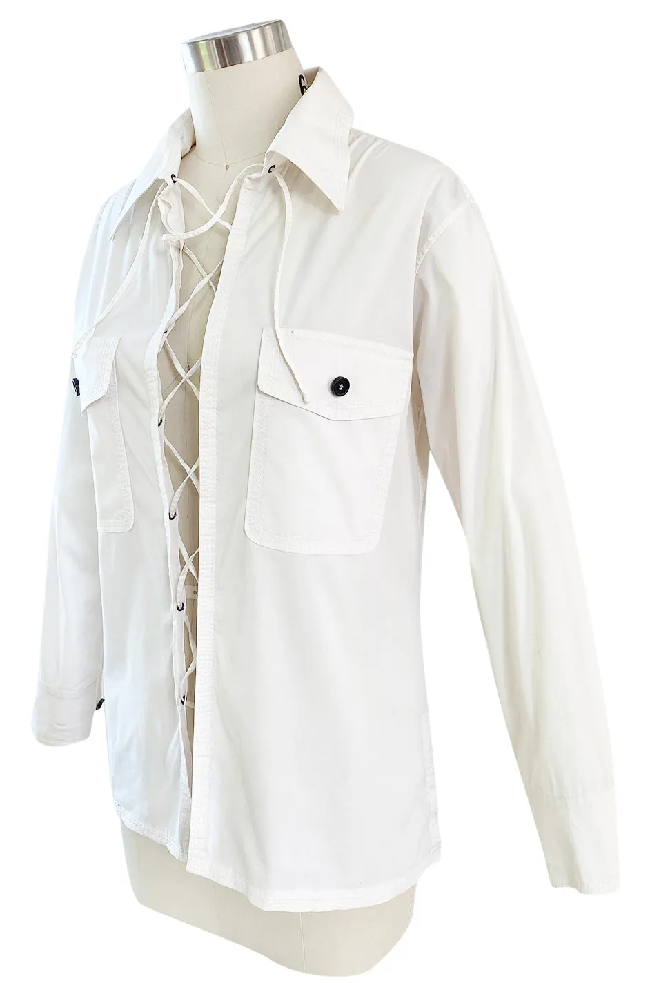 Early 2000s Tom Ford for Yves Saint Laurent Front Lace White Safari Shirt