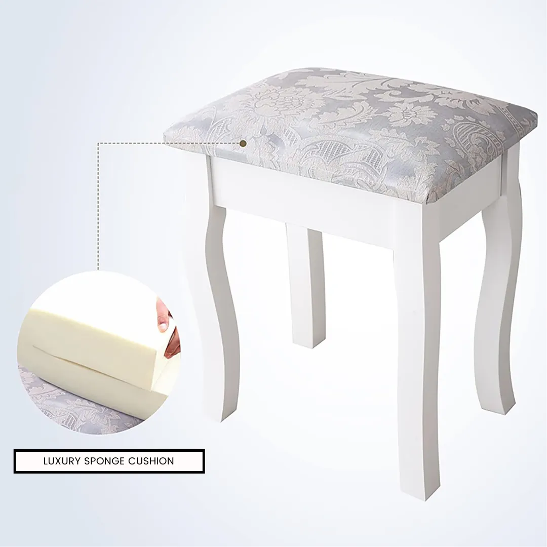 Elegant Vanity Table with Rotating Mirror, 4 Drawers, and Cushioned Stool