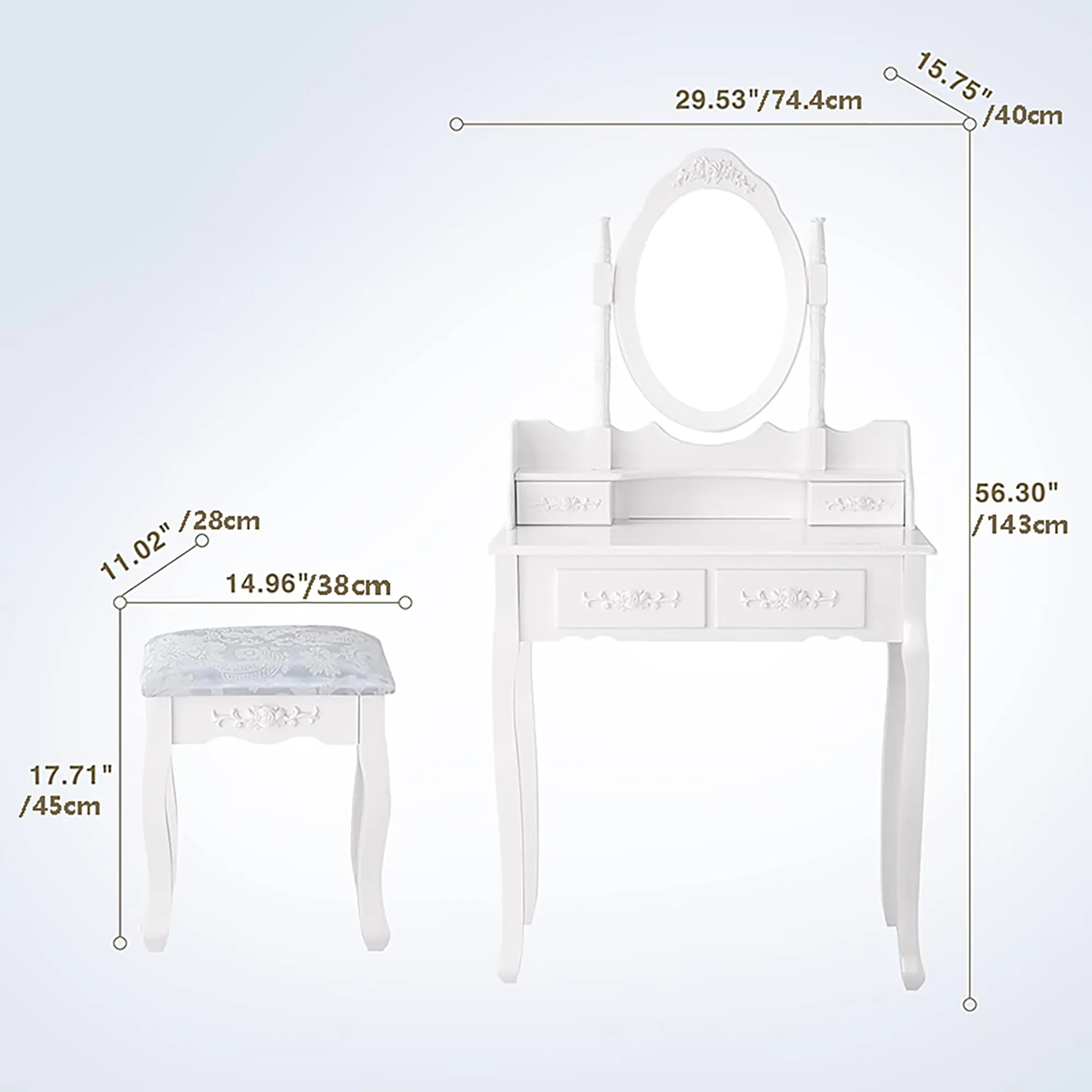 Elegant Vanity Table with Rotating Mirror, 4 Drawers, and Cushioned Stool