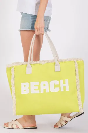 Embroidered Beach Letter Fringe Tote Bag: Neon Yellow