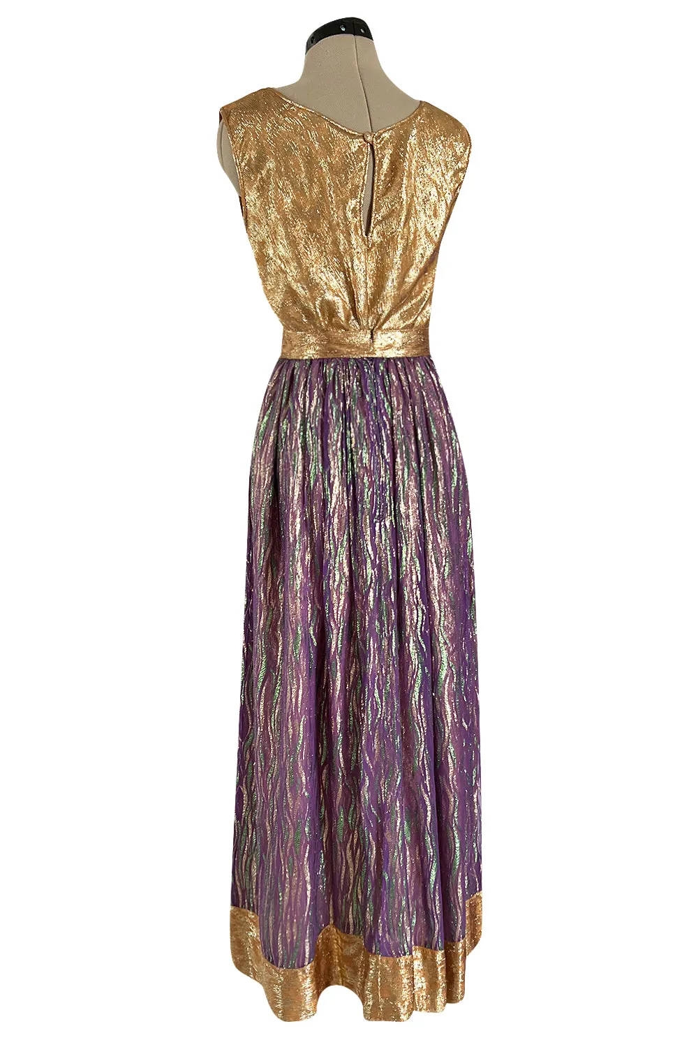 Fabulous 1970s Adolfo Metallic Gold, Green and Purple Silk Skirt, Tassle Belt & Top Set