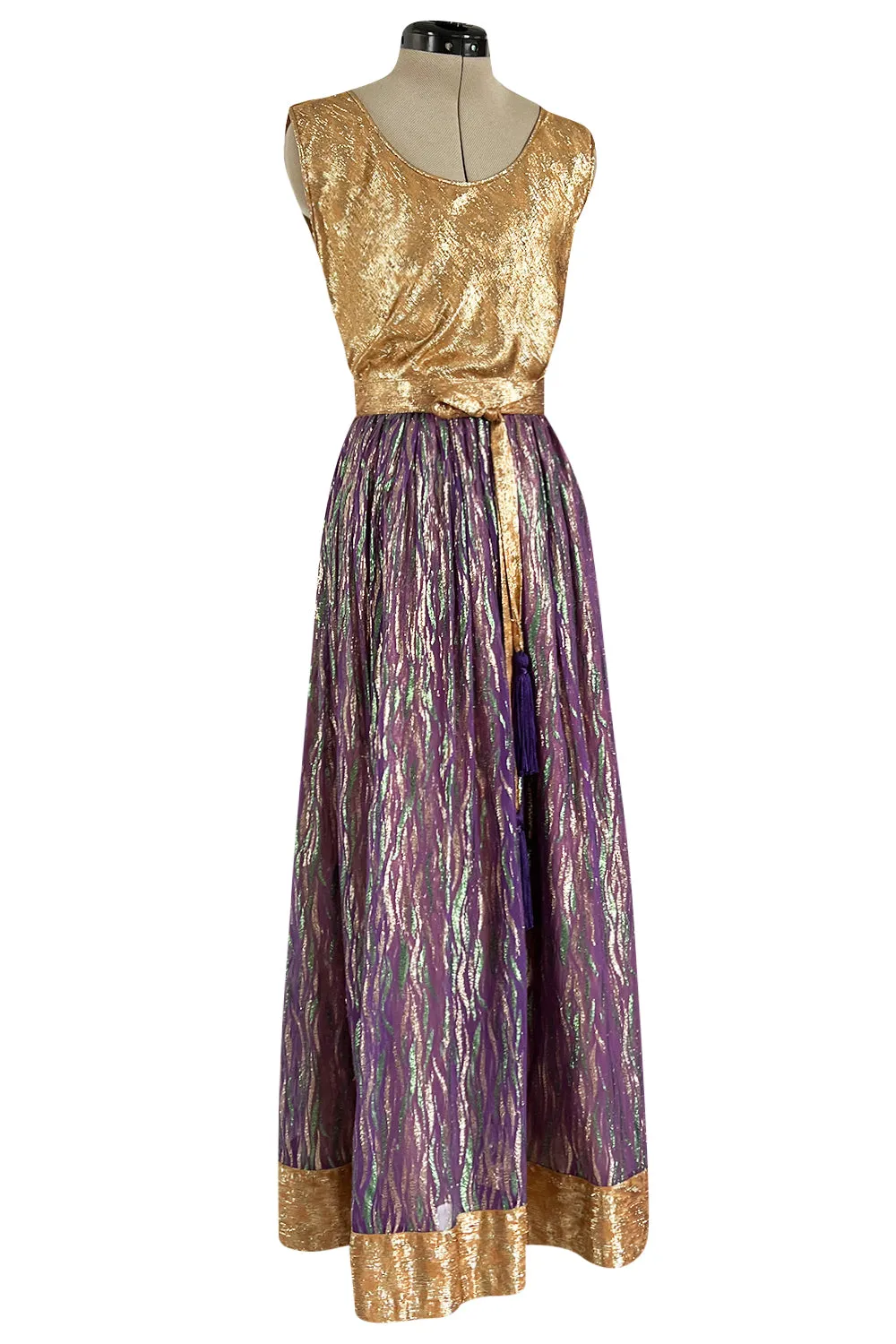 Fabulous 1970s Adolfo Metallic Gold, Green and Purple Silk Skirt, Tassle Belt & Top Set