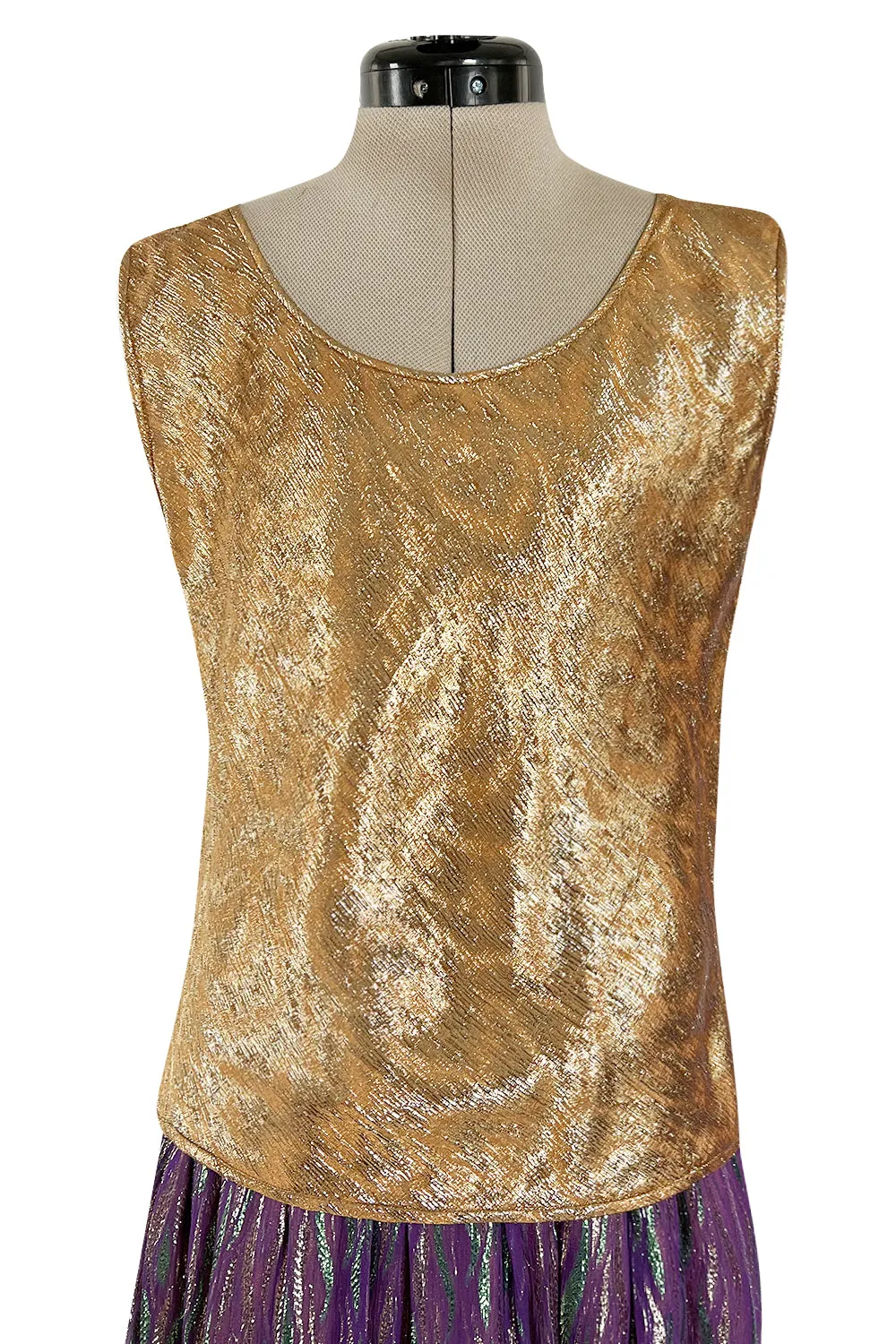 Fabulous 1970s Adolfo Metallic Gold, Green and Purple Silk Skirt, Tassle Belt & Top Set