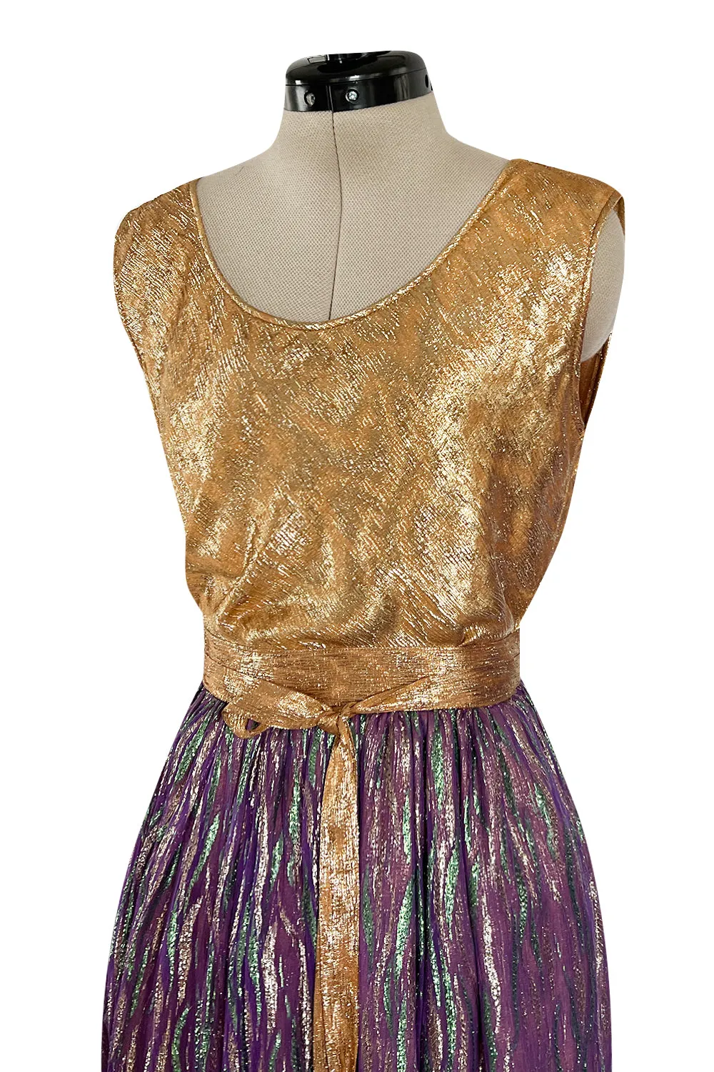 Fabulous 1970s Adolfo Metallic Gold, Green and Purple Silk Skirt, Tassle Belt & Top Set