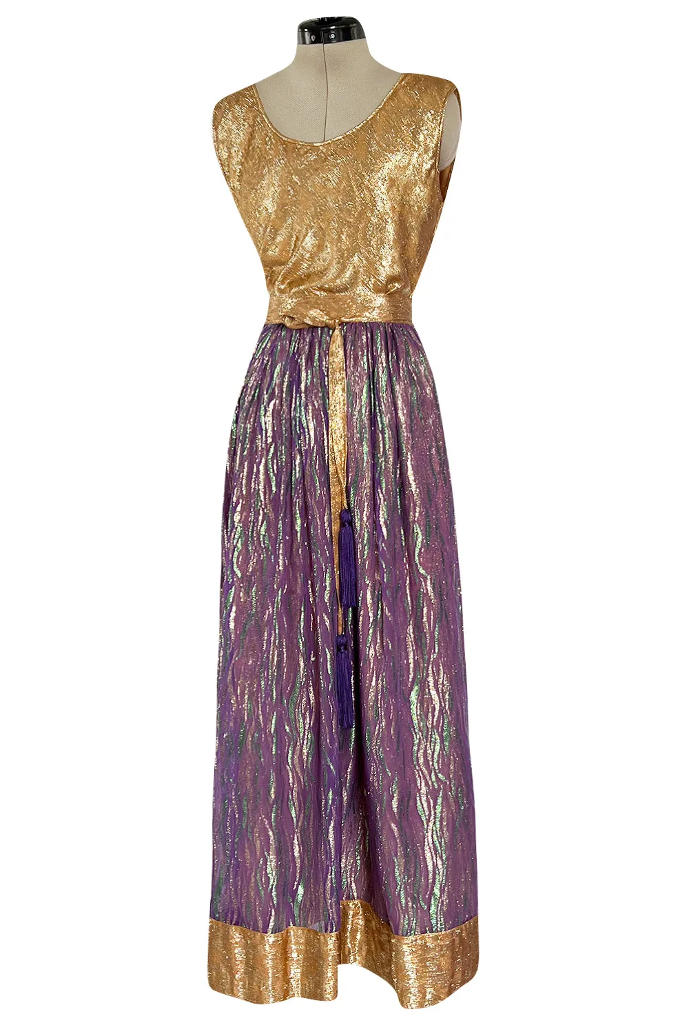 Fabulous 1970s Adolfo Metallic Gold, Green and Purple Silk Skirt, Tassle Belt & Top Set