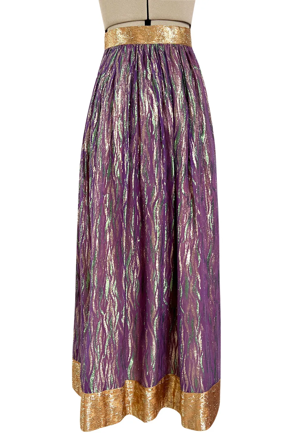 Fabulous 1970s Adolfo Metallic Gold, Green and Purple Silk Skirt, Tassle Belt & Top Set