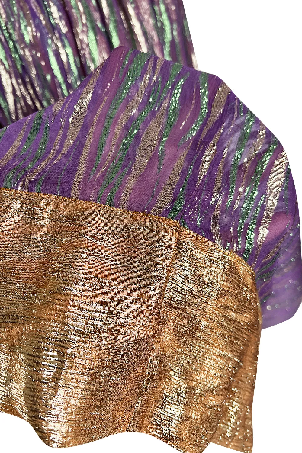 Fabulous 1970s Adolfo Metallic Gold, Green and Purple Silk Skirt, Tassle Belt & Top Set