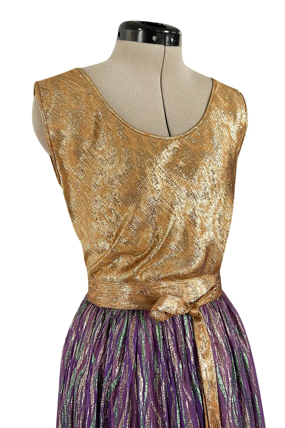Fabulous 1970s Adolfo Metallic Gold, Green and Purple Silk Skirt, Tassle Belt & Top Set