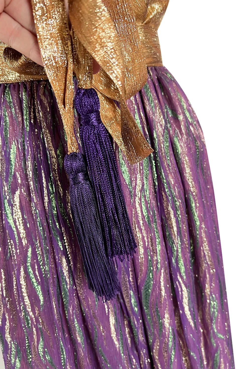 Fabulous 1970s Adolfo Metallic Gold, Green and Purple Silk Skirt, Tassle Belt & Top Set
