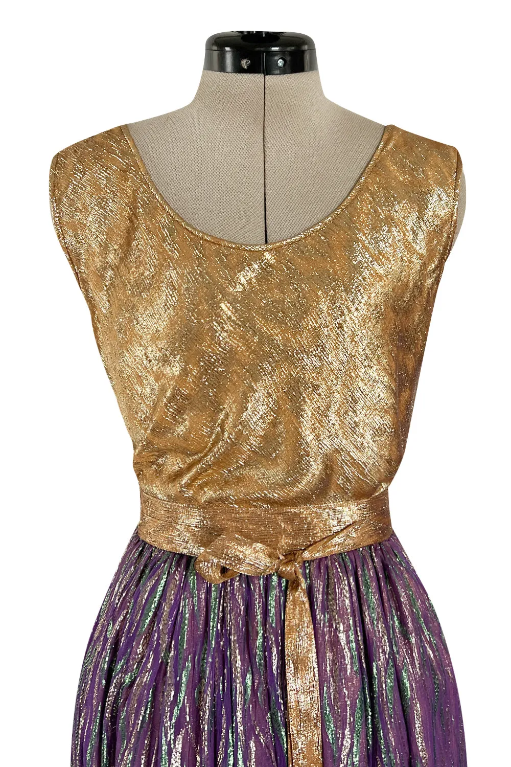 Fabulous 1970s Adolfo Metallic Gold, Green and Purple Silk Skirt, Tassle Belt & Top Set
