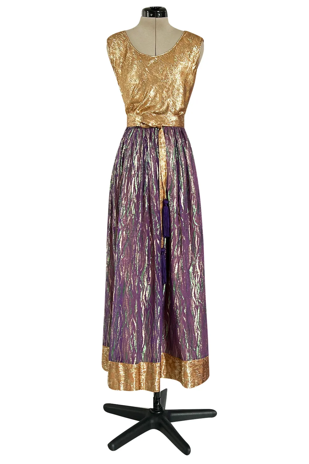 Fabulous 1970s Adolfo Metallic Gold, Green and Purple Silk Skirt, Tassle Belt & Top Set