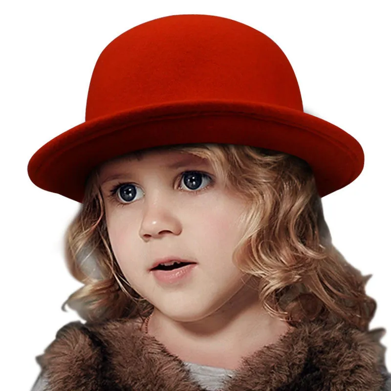Fashion Kids Children Girls Wool Felt Trendy Round Top Bowler Derby Hat Spring Autumn Winter Warm Lovely Casual Cap