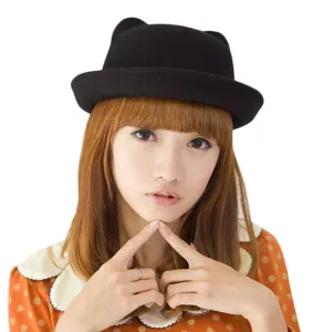 Fashion Winter Fashion Women Devil Hat Cute Kitty Cat Ears Wool Derby Bowler Cap