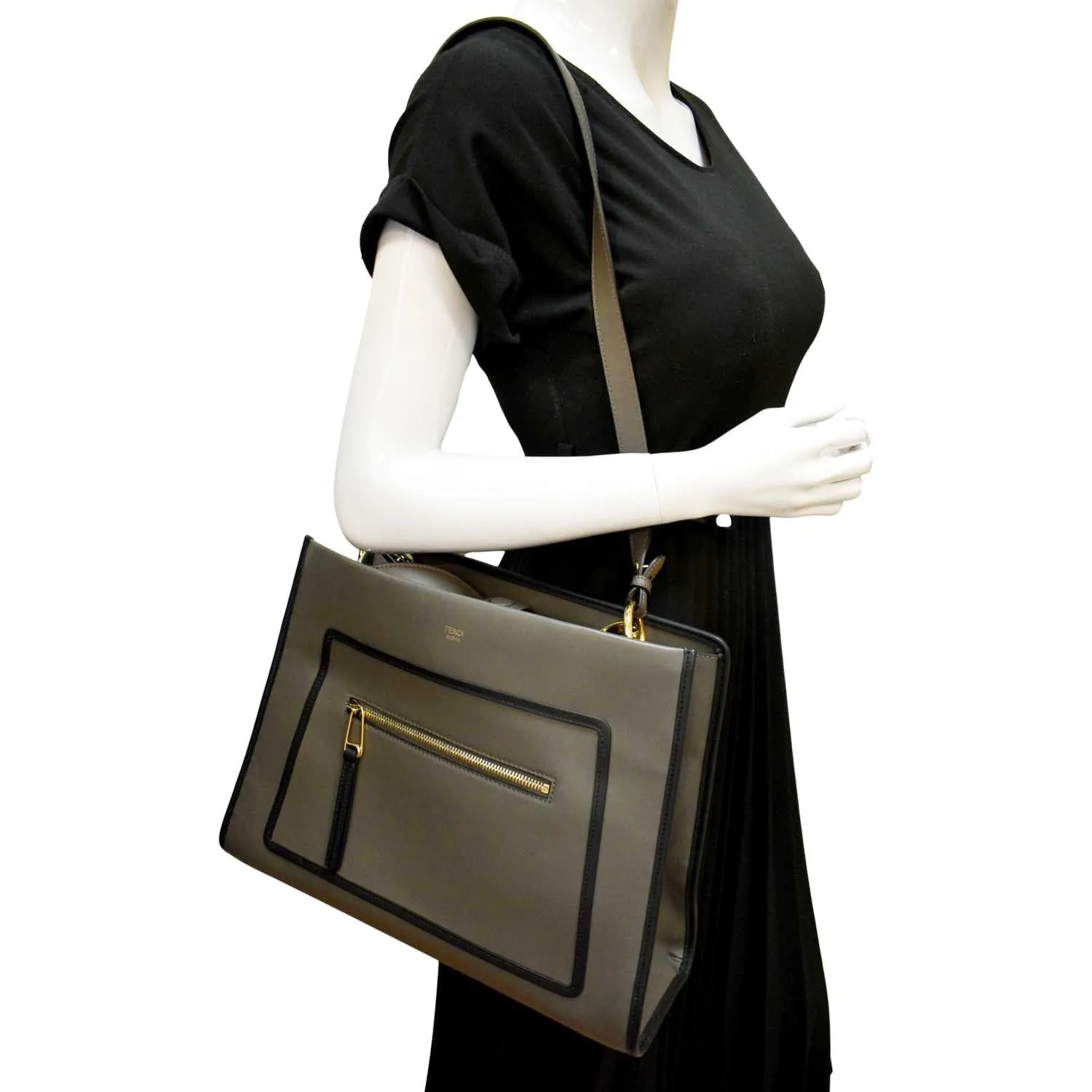 FENDI Runway Shopper Leather Tote Shoulder Bag Grey