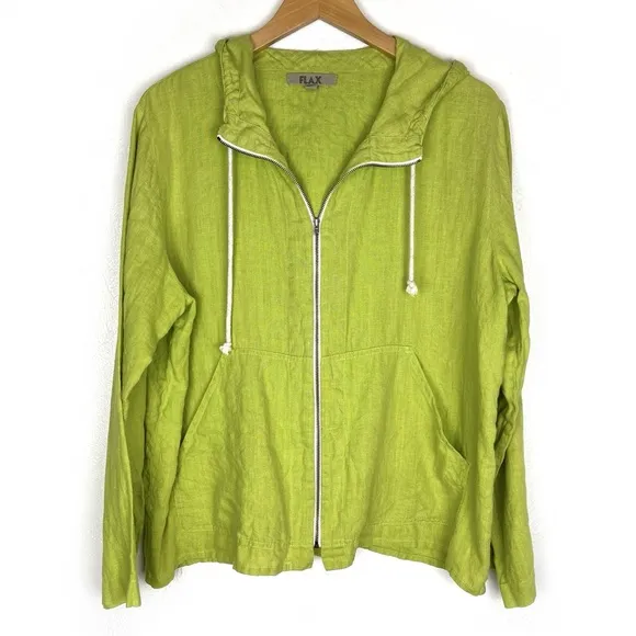 Flax Linen Fill Zip Hooded Beach Jacket Lime Green Oversized size small