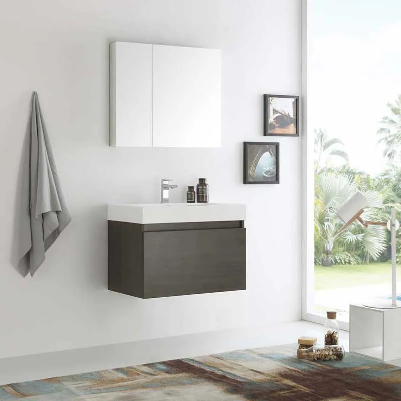 Fresca Mezzo 30" Gray Oak Wall Hung Modern Bathroom Vanity with Medicine Cabinet