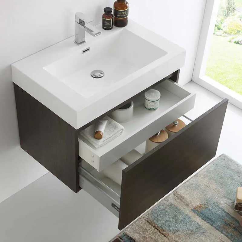 Fresca Mezzo 30" Gray Oak Wall Hung Modern Bathroom Vanity with Medicine Cabinet
