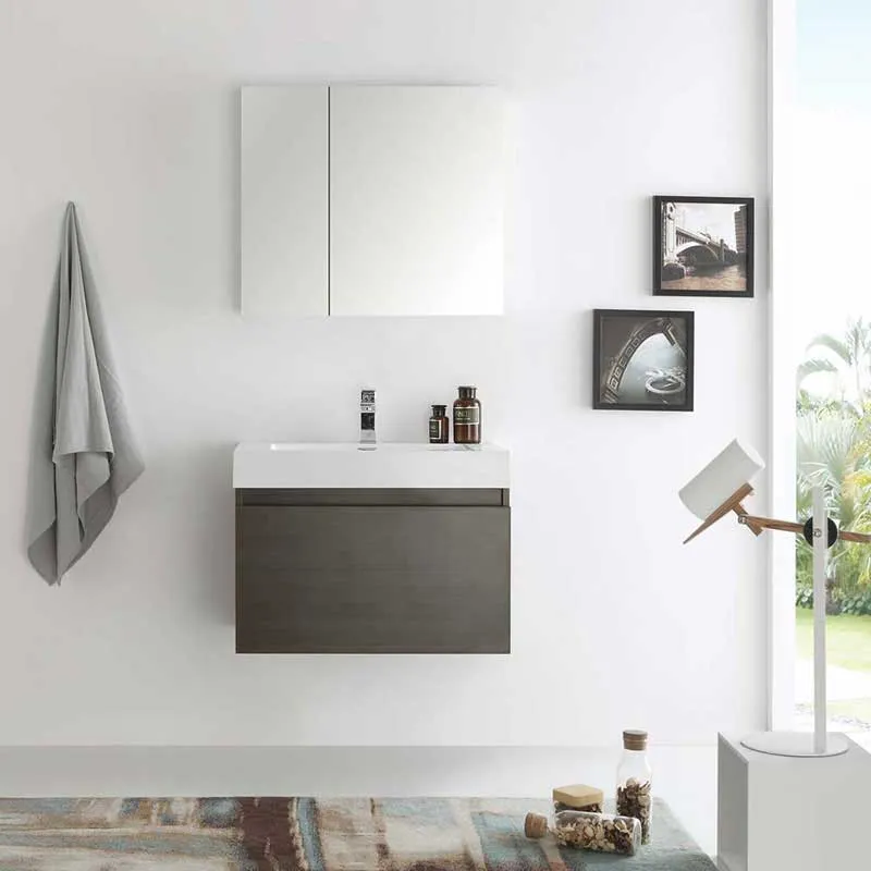 Fresca Mezzo 30" Gray Oak Wall Hung Modern Bathroom Vanity with Medicine Cabinet