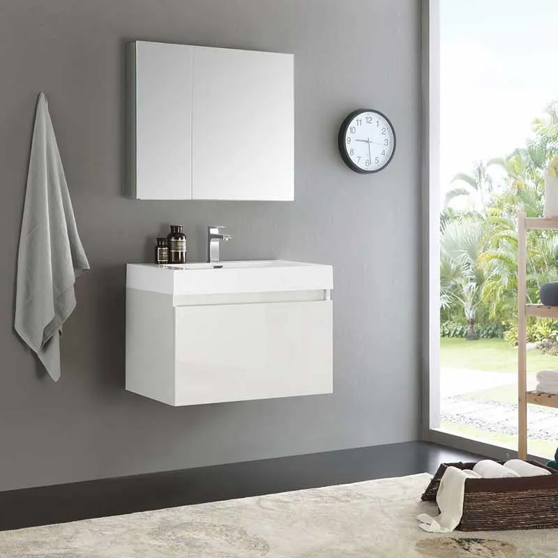 Fresca Mezzo 30" White Wall Hung Modern Bathroom Vanity with Medicine Cabinet