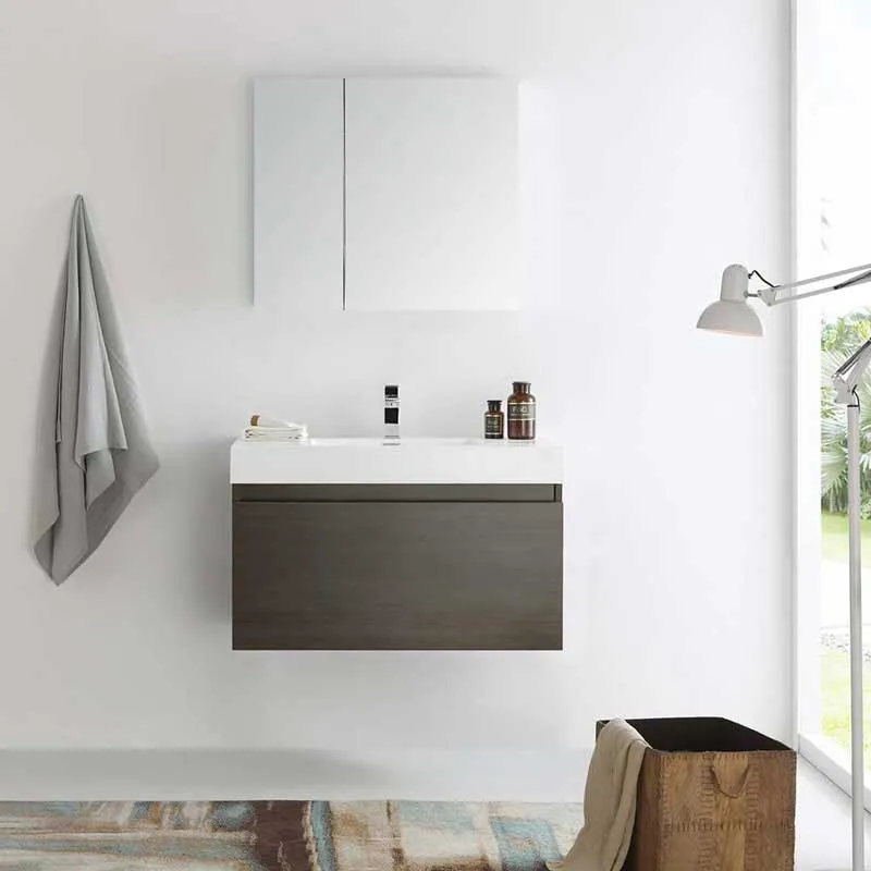 Fresca Mezzo 36" Gray Oak Wall Hung Modern Bathroom Vanity with Medicine Cabinet
