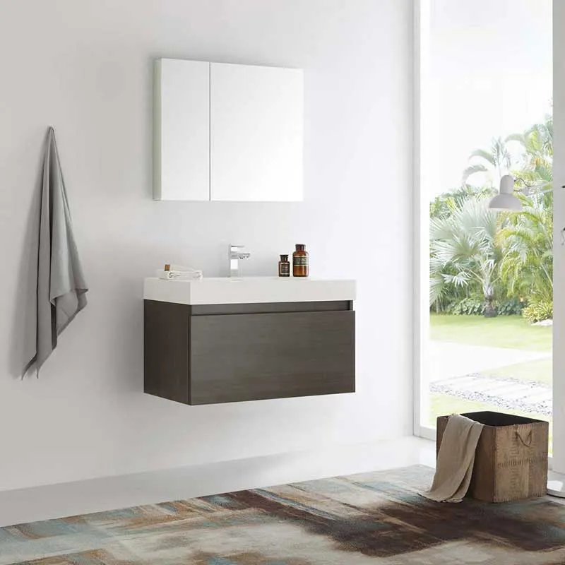 Fresca Mezzo 36" Gray Oak Wall Hung Modern Bathroom Vanity with Medicine Cabinet