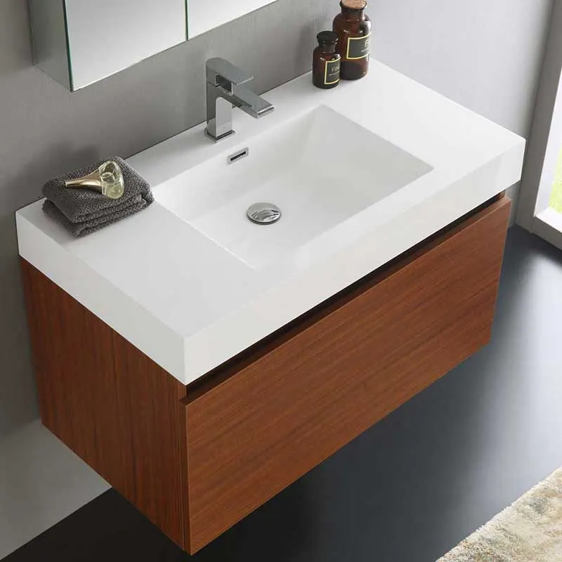 Fresca Mezzo 36" Teak Wall Hung Modern Bathroom Vanity with Medicine Cabinet