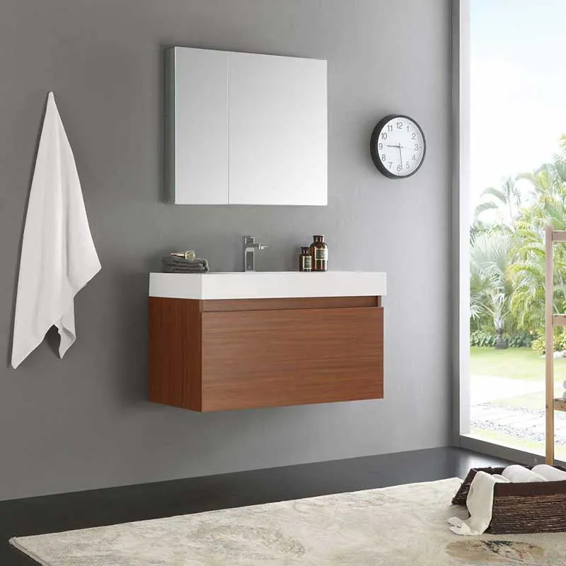 Fresca Mezzo 36" Teak Wall Hung Modern Bathroom Vanity with Medicine Cabinet