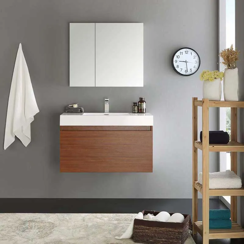 Fresca Mezzo 36" Teak Wall Hung Modern Bathroom Vanity with Medicine Cabinet