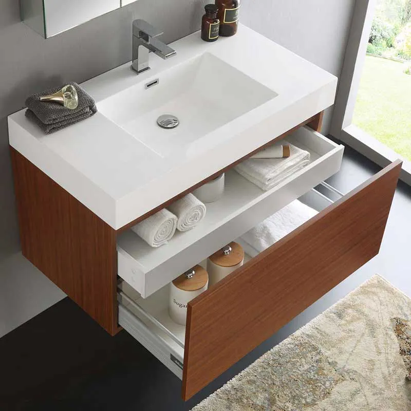 Fresca Mezzo 36" Teak Wall Hung Modern Bathroom Vanity with Medicine Cabinet
