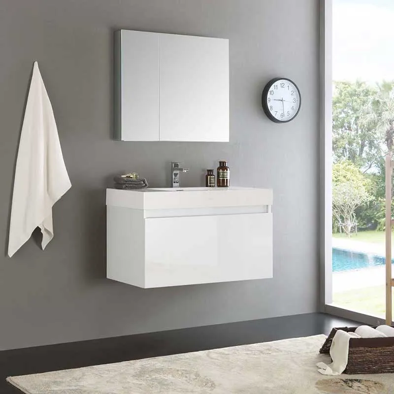 Fresca Mezzo 36" White Wall Hung Modern Bathroom Vanity with Medicine Cabinet