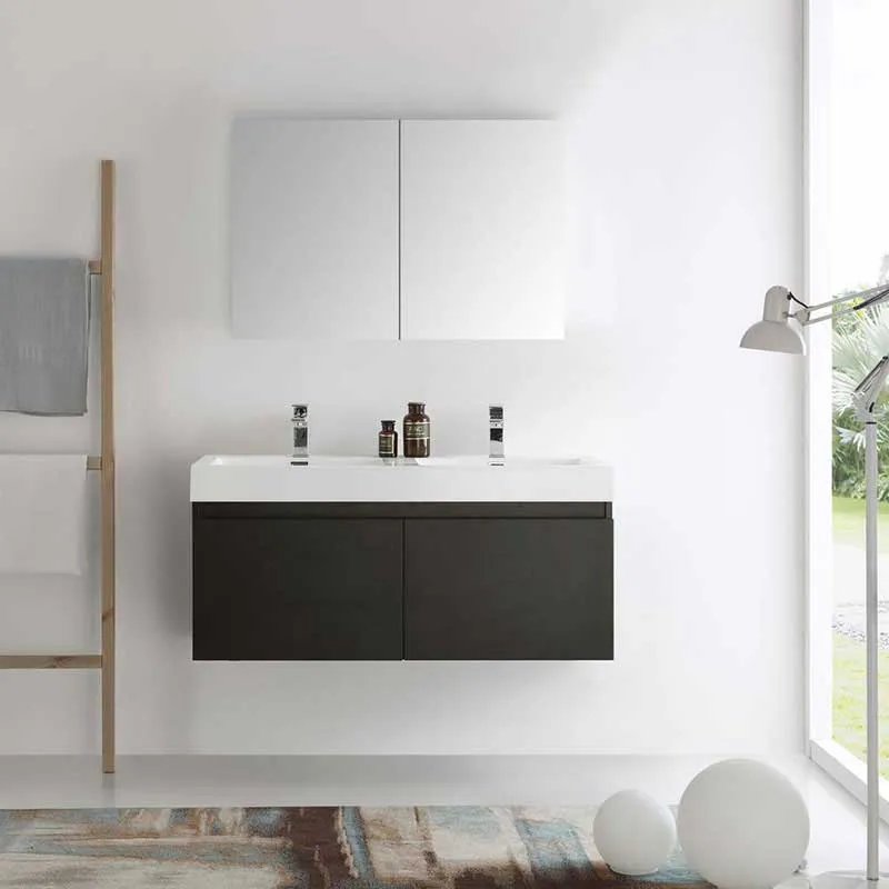 Fresca Mezzo 48" Black Wall Hung Double Sink Modern Bathroom Vanity with Medicine Cabinet