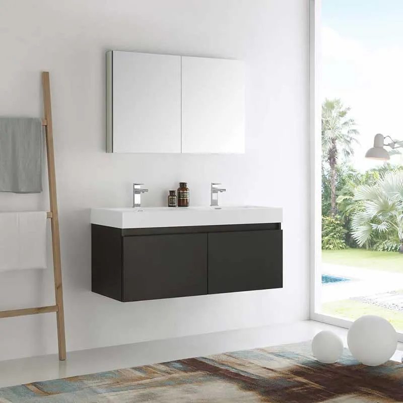 Fresca Mezzo 48" Black Wall Hung Double Sink Modern Bathroom Vanity with Medicine Cabinet
