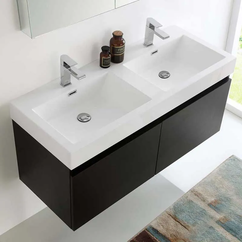 Fresca Mezzo 48" Black Wall Hung Double Sink Modern Bathroom Vanity with Medicine Cabinet