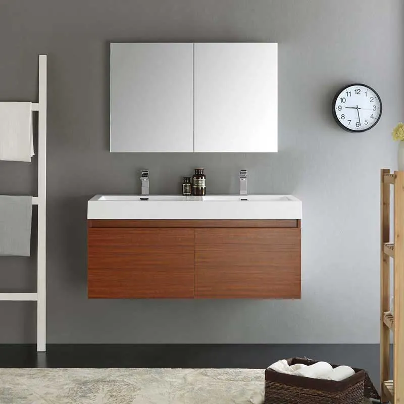 Fresca Mezzo 48" Teak Wall Hung Double Sink Modern Bathroom Vanity with Medicine Cabinet