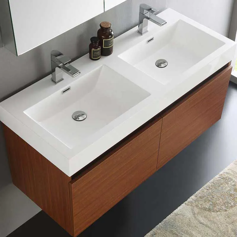 Fresca Mezzo 48" Teak Wall Hung Double Sink Modern Bathroom Vanity with Medicine Cabinet