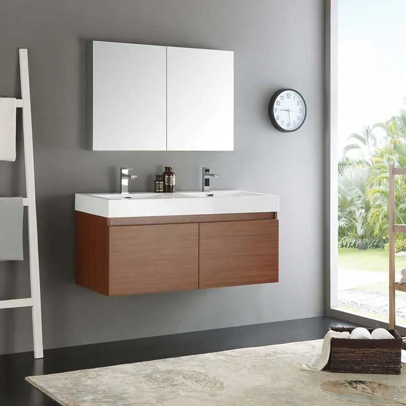 Fresca Mezzo 48" Teak Wall Hung Double Sink Modern Bathroom Vanity with Medicine Cabinet