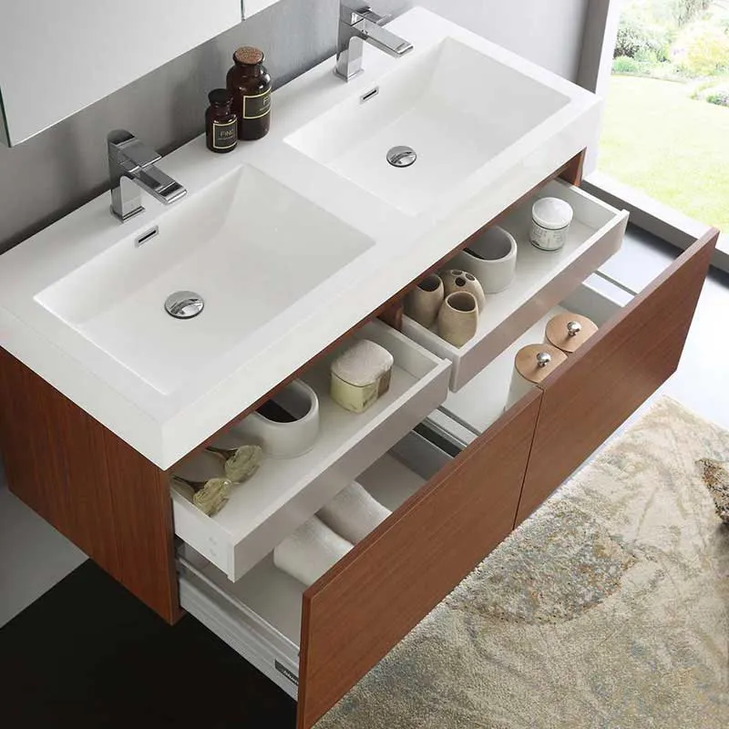 Fresca Mezzo 48" Teak Wall Hung Double Sink Modern Bathroom Vanity with Medicine Cabinet