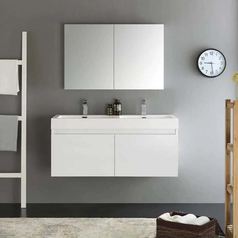 Fresca Mezzo 48" White Wall Hung Double Sink Modern Bathroom Vanity with Medicine Cabinet