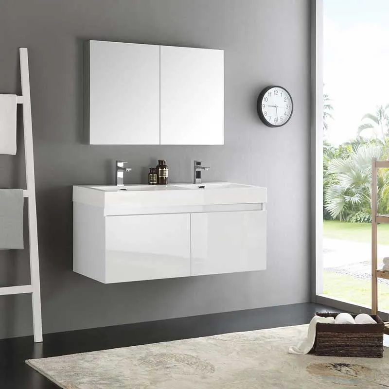 Fresca Mezzo 48" White Wall Hung Double Sink Modern Bathroom Vanity with Medicine Cabinet