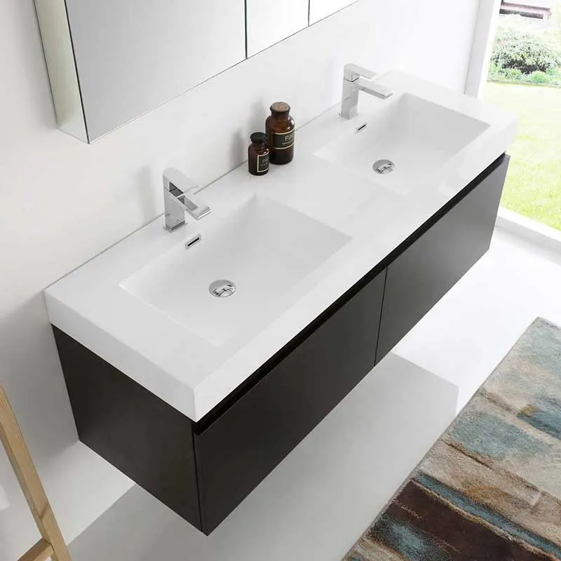 Fresca Mezzo 60" Black Wall Hung Double Sink Modern Bathroom Vanity with Medicine Cabinet