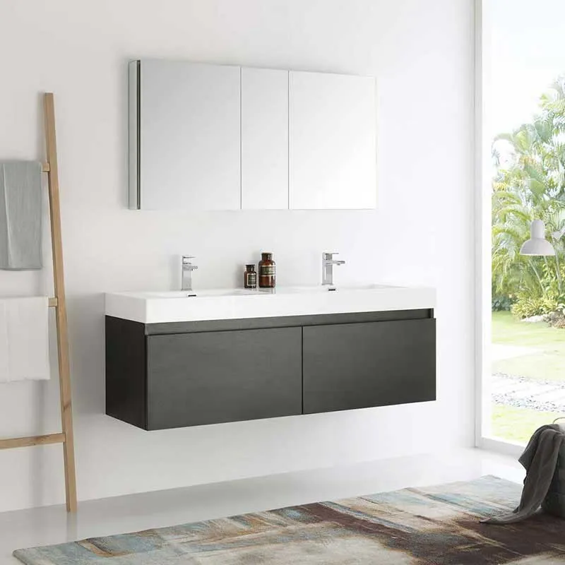 Fresca Mezzo 60" Black Wall Hung Double Sink Modern Bathroom Vanity with Medicine Cabinet