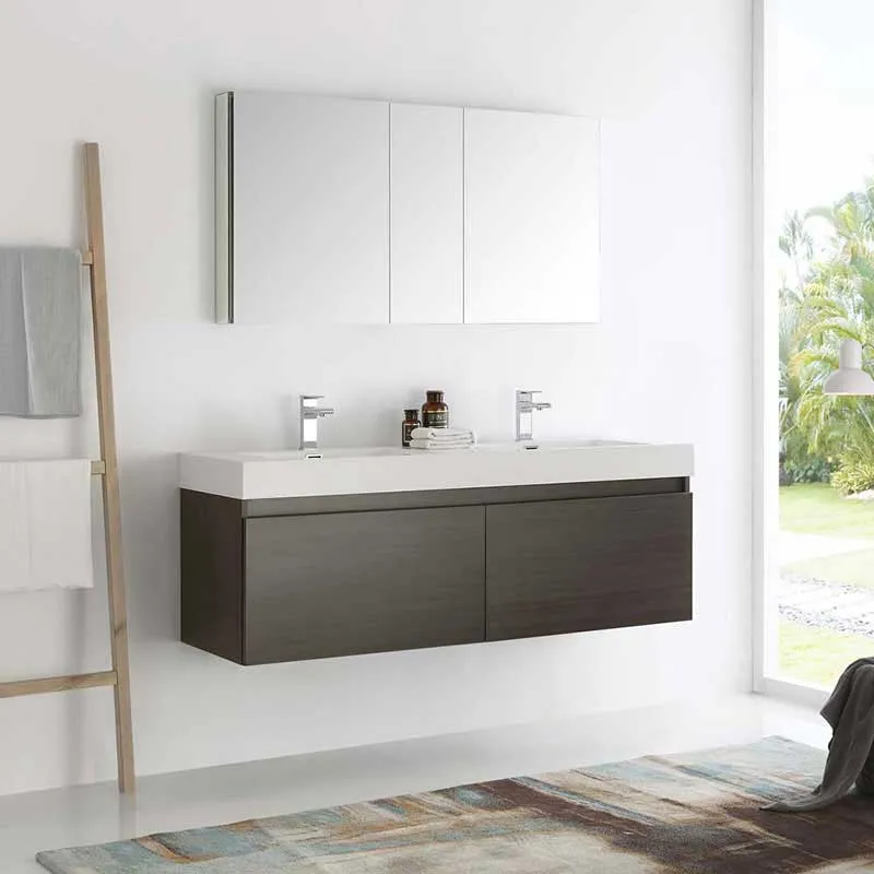 Fresca Mezzo 60" Gray Oak Wall Hung Double Sink Modern Bathroom Vanity with Medicine Cabinet