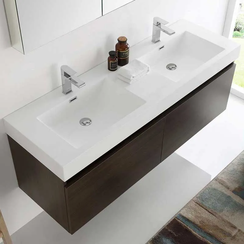 Fresca Mezzo 60" Gray Oak Wall Hung Double Sink Modern Bathroom Vanity with Medicine Cabinet
