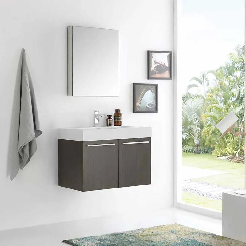 Fresca Vista 30" Gray Oak Wall Hung Modern Bathroom Vanity with Medicine Cabinet