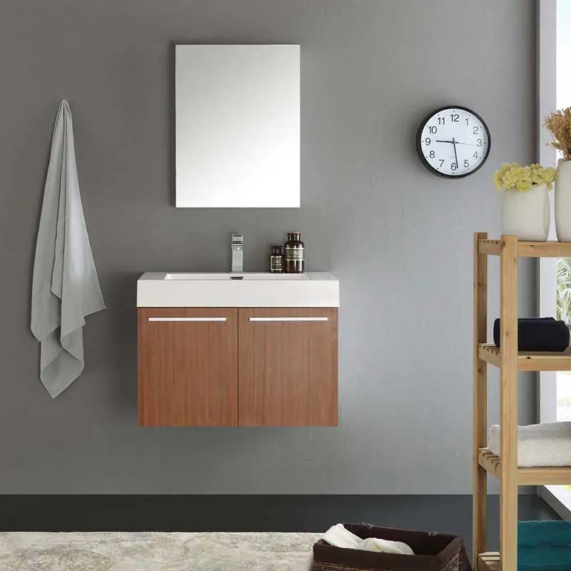 Fresca Vista 30" Teak Wall Hung Modern Bathroom Vanity with Medicine Cabinet