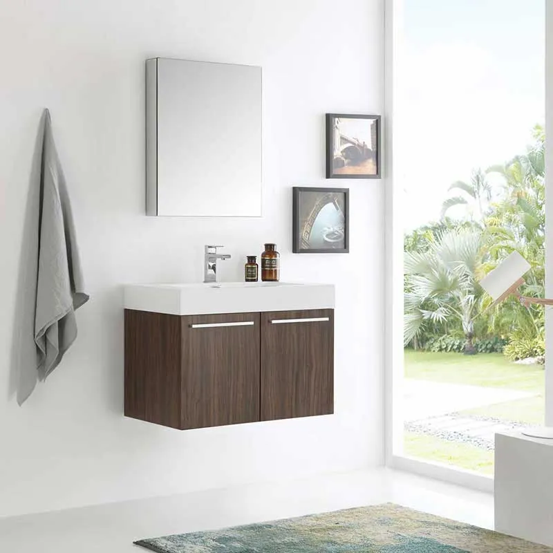 Fresca Vista 30" Walnut Wall Hung Modern Bathroom Vanity with Medicine Cabinet